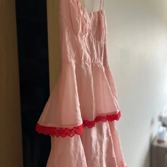 Hello Molly Blush Pink Tiered Maxi Dress with Red Lace - Picture 12 of 15